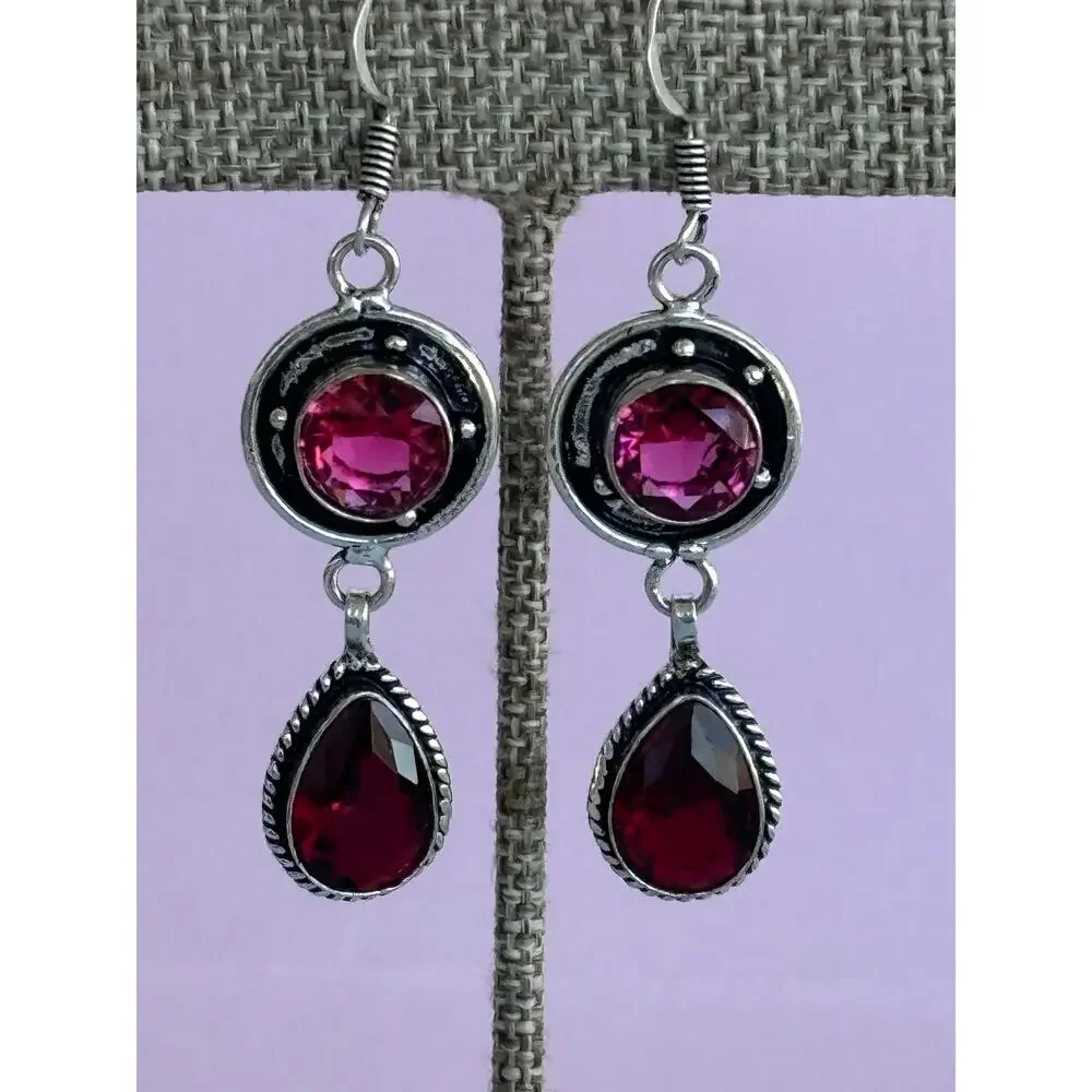 925 Silver Garnet & Pink Topaz Dangle Earrings